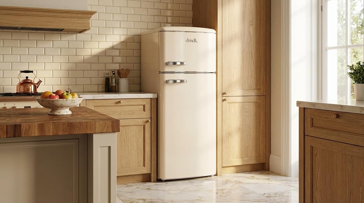 DMDK DKC2 Independiente Refrigerador/Congelador, 206 L Contenido neto, 4 estantes ajustables, bandeja grande para verduras, crema, clase energética E