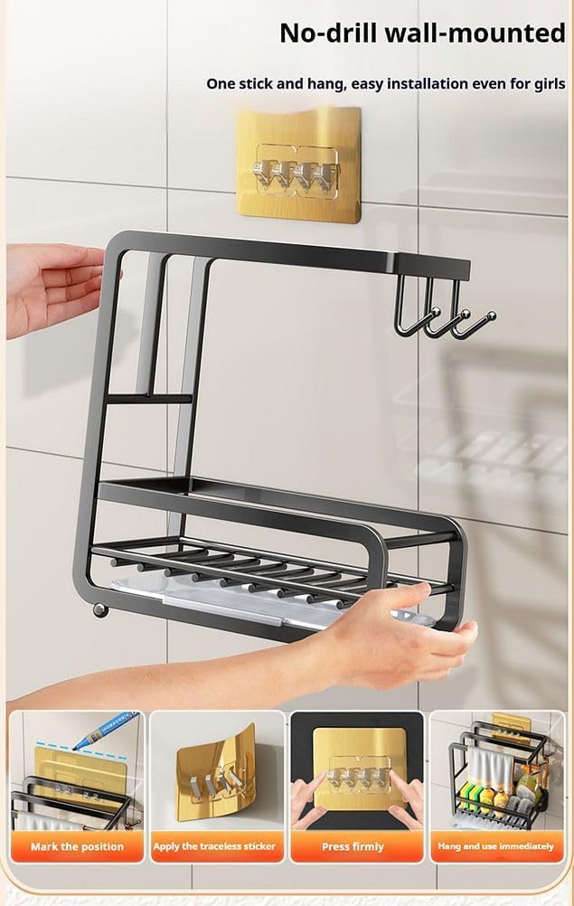 Escurridor de platos con bandeja de goteo extraíble, soporte para paños de cocina, organizador para secar fregaderos y encimeras, ahorra espacio (Negro)