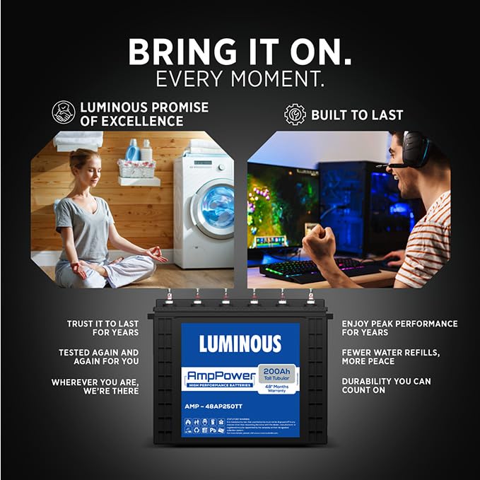 Image of Luminous AmpPower 48AP250TT Tall Tubular Inverter Battery - 200Ah Capacity | Durable and Reliable Inverter Battery | Minimum Maintenance | Easy Installation | 48 Months Warranty