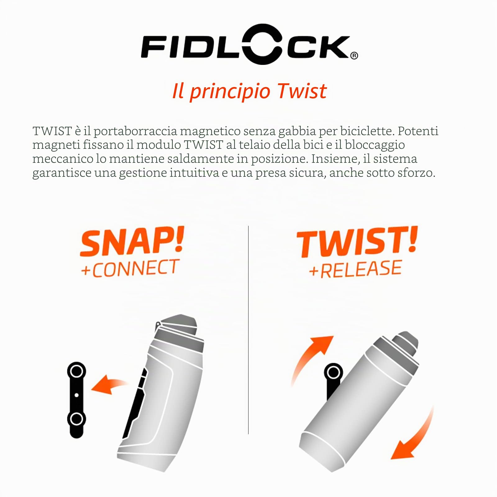 FIDLOCK Twist Bottle 590 & Bike Base Set – Nuovo tappo a prova di perdite, autosigillante, portabottiglie per bici senza viti e bottiglia attaccata, supporto magnetico senza gabbia, nero