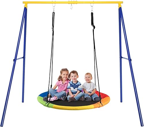 Miniatura 19 de HONEY JOY Juego de columpios de 299 kg para el patio trasero, soporte de columpio de metal resistente con 3 asientos, marco en A con plataforma,