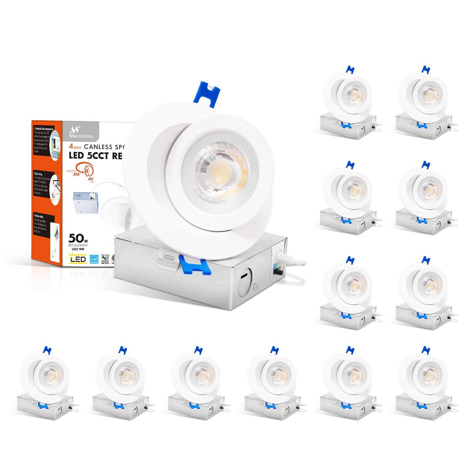 mw Lighting LED Recessed Lights 4 Inch, Eyeball Angled Recessed Lighting, 2700K/3000K/3500K/4000K/5000K 5 Color Selectable,9W,540lm Spot Gimbal Light,CRI 90+,Dimmable,IC Rated,ETL Certificated (12PK)