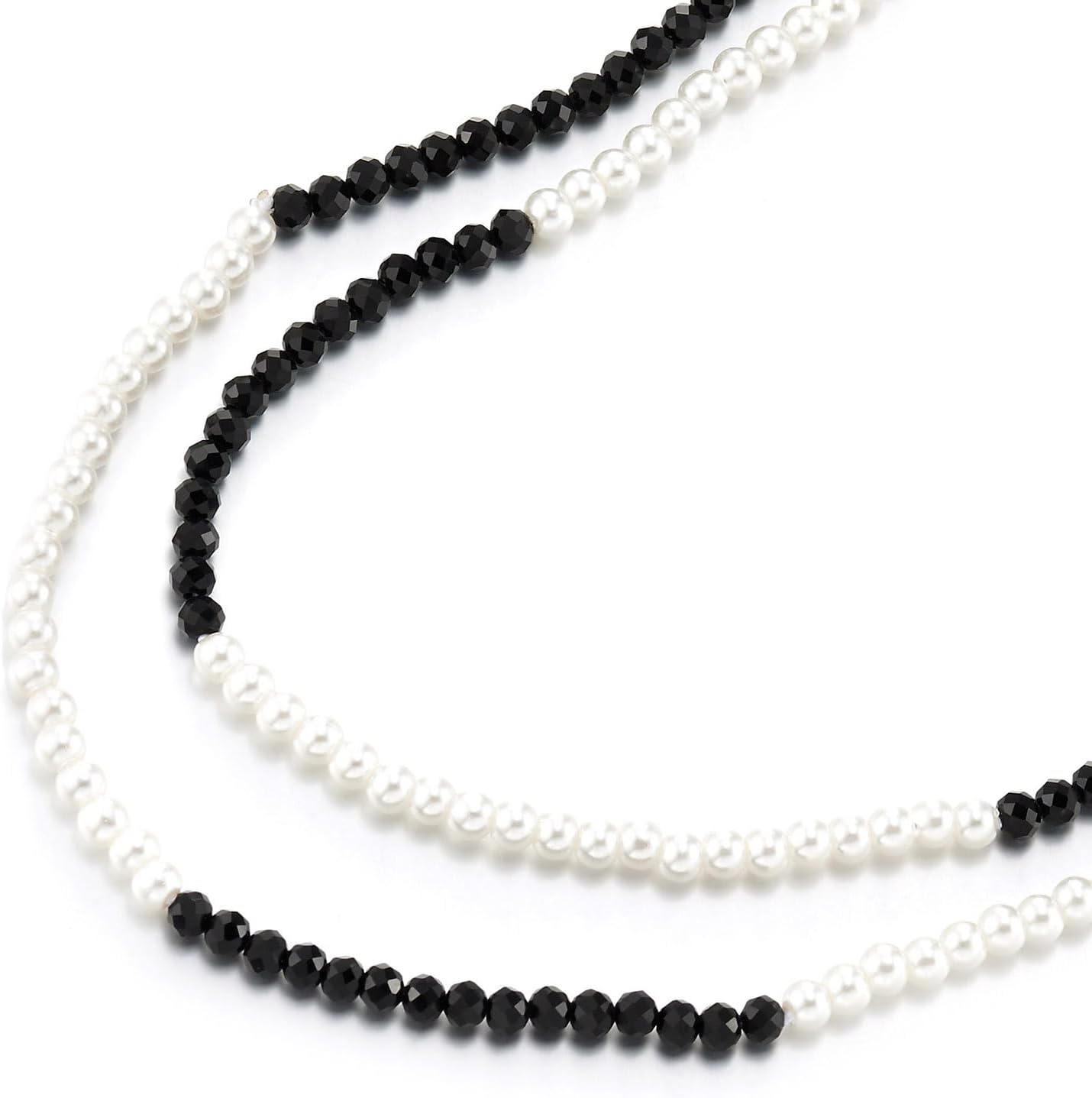 COOLSTEELANDBEYOND Women's Black and White Beaded Necklace, Long Multi-Layered Monochrome Strand, Elegant Mixed Pattern Jewelry, Classic Minimalist Accessory, Gift for Her