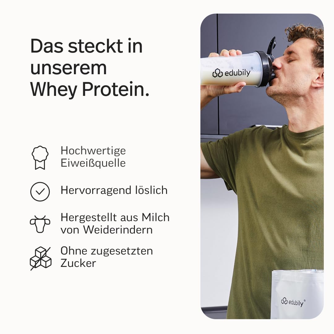 edubily® Whey Protein Konzentrat - Aus Milch von Kühen mit Weidezugang - Ohne Zucker & mit Stevia gesüßt - Optimale Löslichkeit - Made in Germany (750 g, Vanille)
