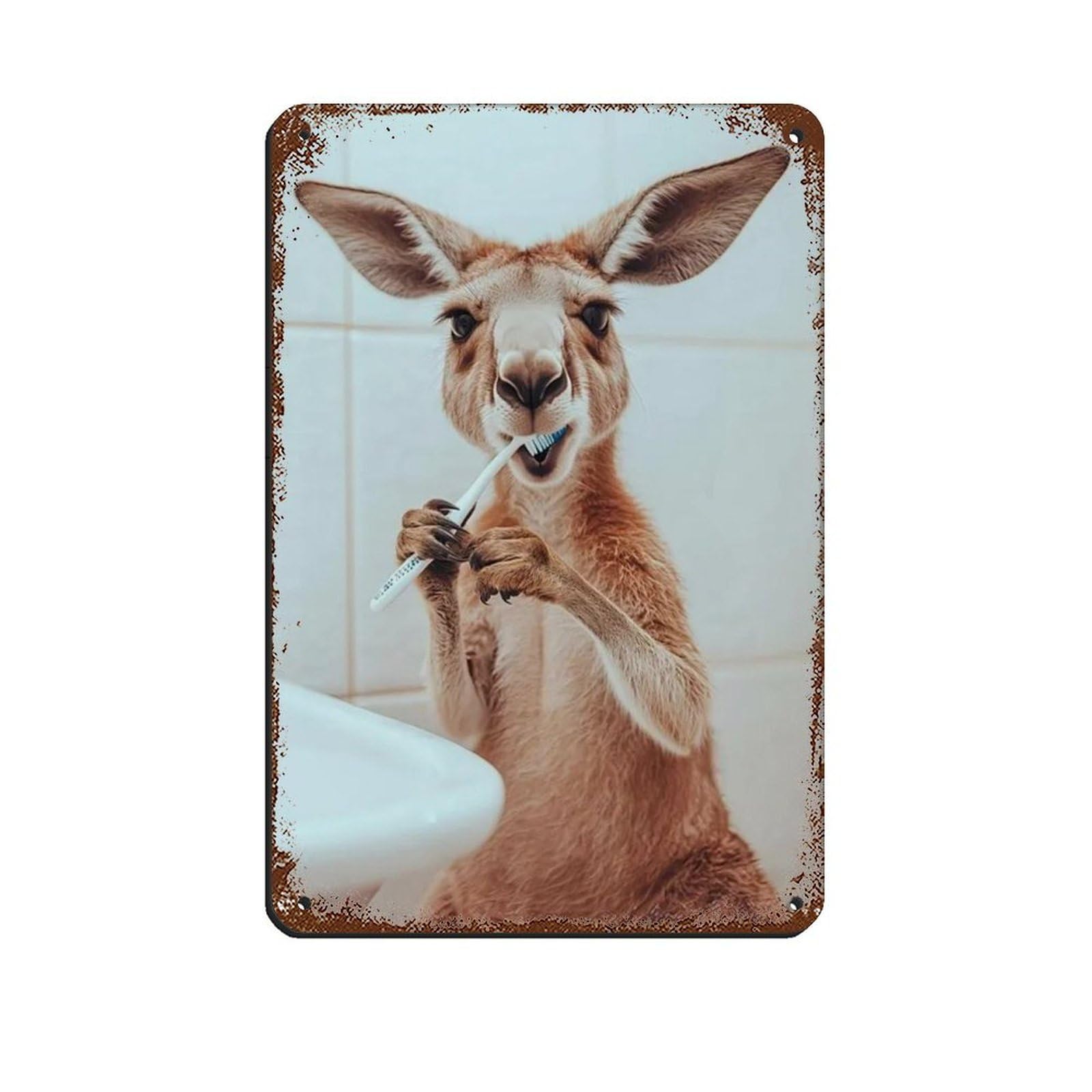 Kangaroo Brushing Teeth, Funny Bathroom Art Tin Sign Vintage Metal Pub Club Cafe Bar Home Wall Art Decoration Poster Retro 8x12inch(20x30cm)