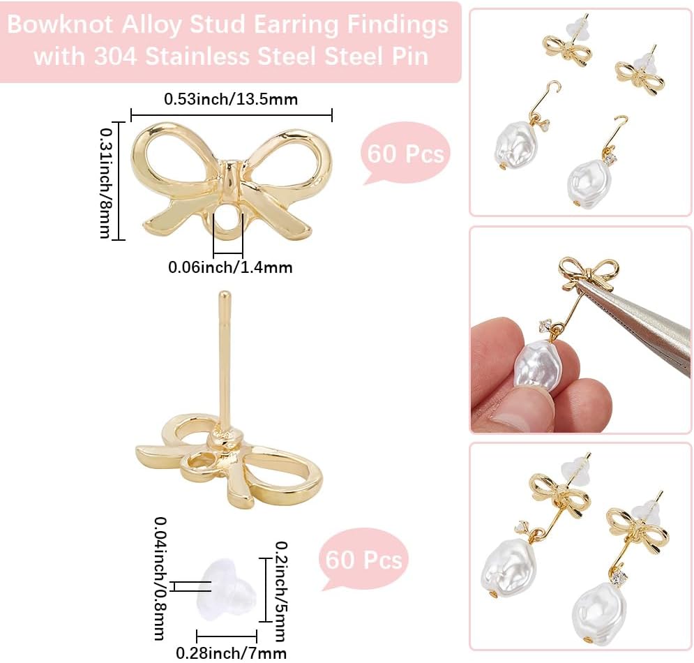 Beebeecraft 1 Box 60Pcs Bow Stud Earring Findings Alloy with 304 Stainless Steel Pin and 60pcs Plastic Ear Nuts Bowknot Post Earring Stud with Loop for Jewelry Making Craft Supplies