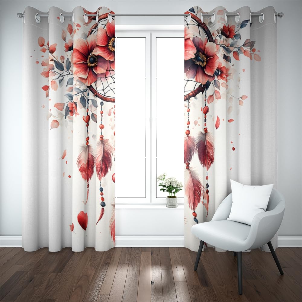 Vorhänge Wohnzimmer Blickdicht Gardinen Verdunkelungsvorhang Schlafzimmer Kinderzimmer Thermovorhang Fensterdekoration 3D Weißer Traumfänger Mit Roten Federn Muster Ösenschal 2Er Set 234X230