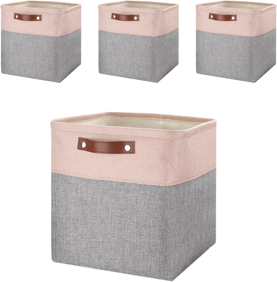 – Mangata Storage Boxes, Set of 4 Fabric Storage Cubes with Handles(33x38x33cm, Grey Pink)