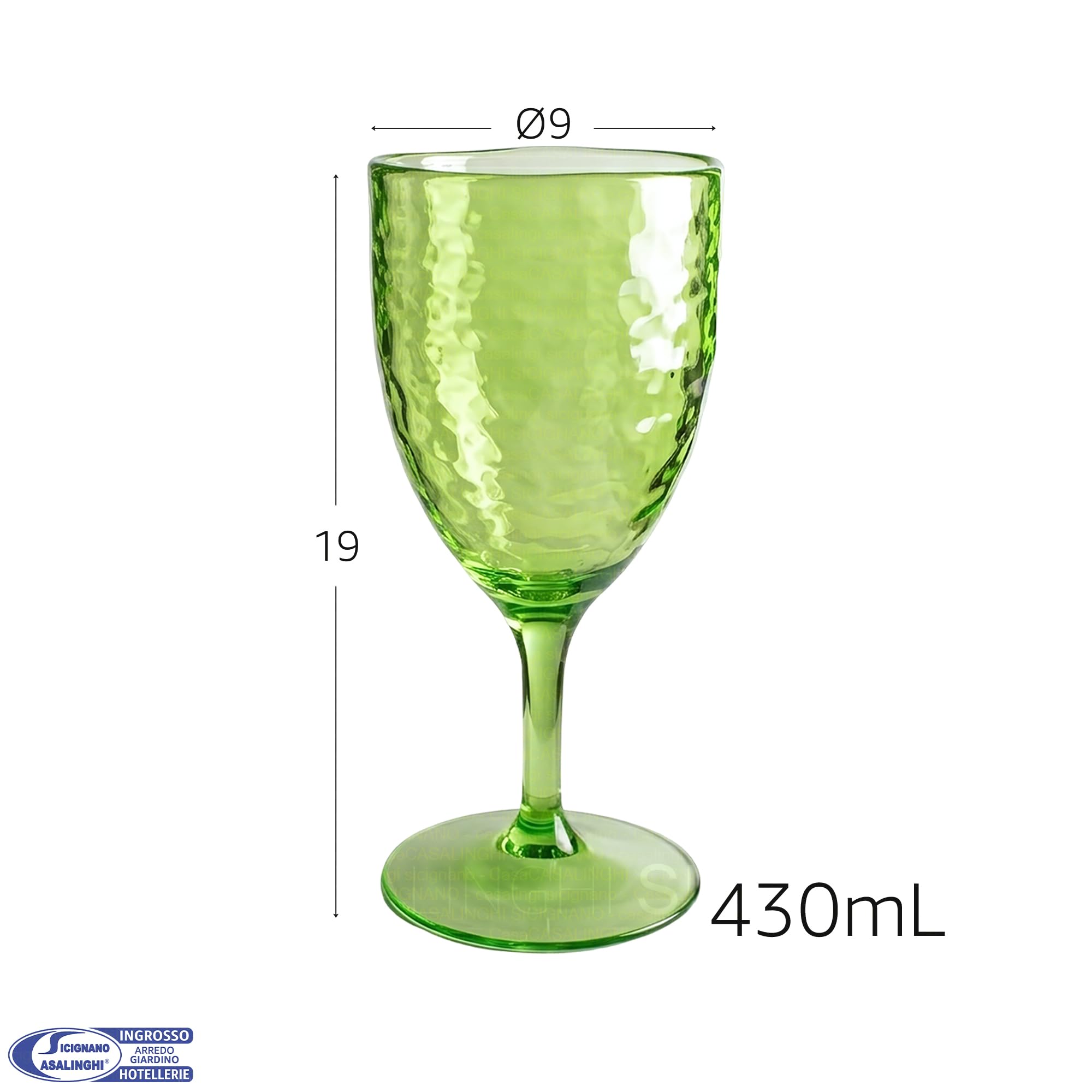 Sicignano Servizio per 6 Persone Caraffa e Calici 430ml in Acrilico Martellato, Set Colore Verde, Vetro Infrangibile