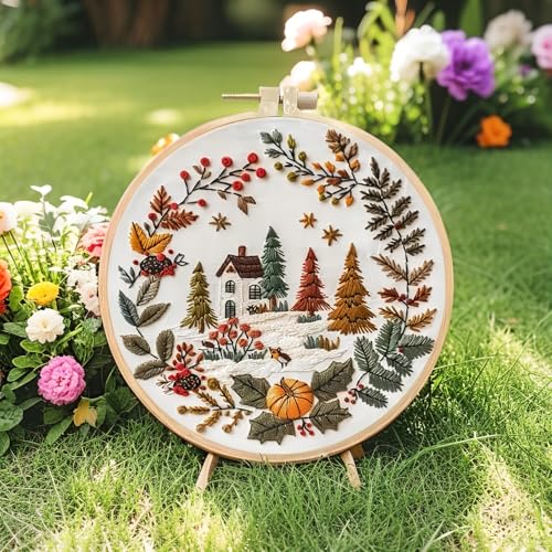 Image of AEDNX 3PC Beginner Embroidery Kits, DIY Cross Stitch Kit for Adults, Includes 3 Embroidery Hoops, Detailed Instructions, and Accessories
