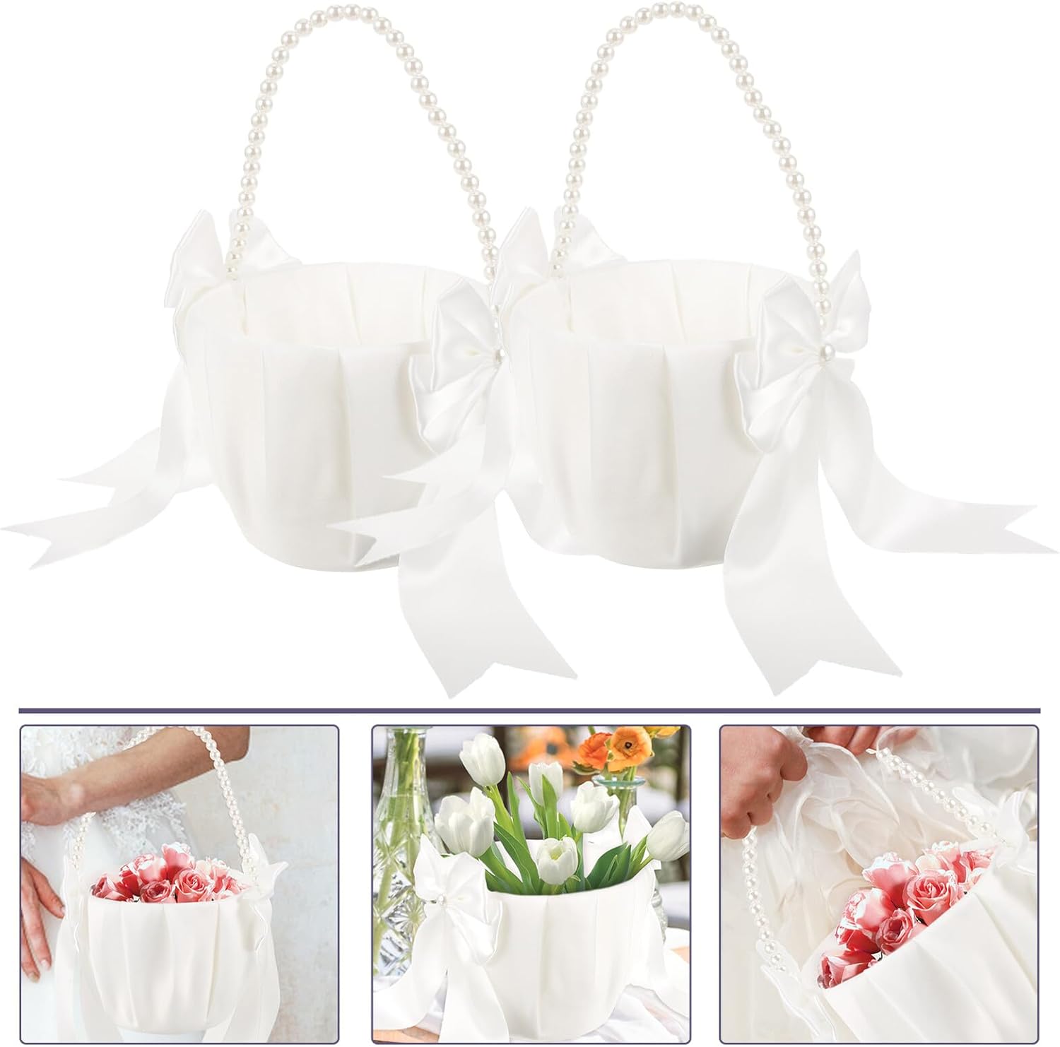 Flower Girl Basket for Wedding with Pearl Handle Ivory Handheld Ceremony Flower Basket Wedding Supply and Party Decoration