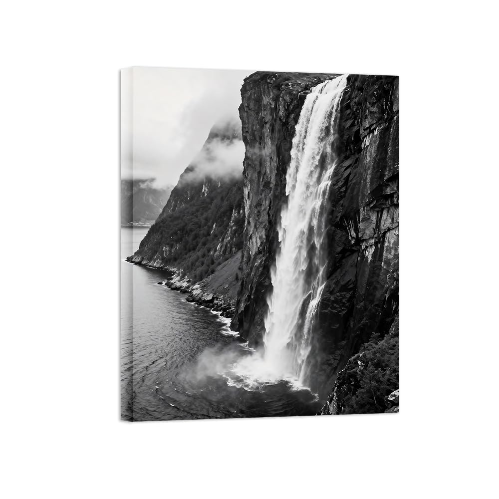 Waterfall Mountain Black White Landscape Wall Art Prints 80x105cm Framed