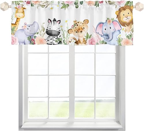 Paquete de 2 cortinas cortas con estampado de animales y hojas tropicales de 54 x 18 pulgadas, elefante, león, leopardo, jirafa, hipopótamo,