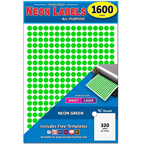 Pack of 1600 3/8 Inch Round Neon Color Coding Dot Map Label 