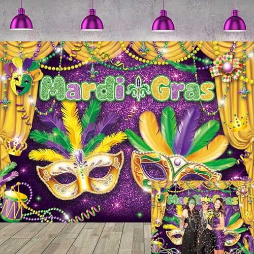 Mardi Gras Backdrop Carnival Masquerade Photography Background for Purple Green Gold Mask Carnival Birthday Wedding Bachelorette Party Decorations Banner (70x40 inch (6x4FT))