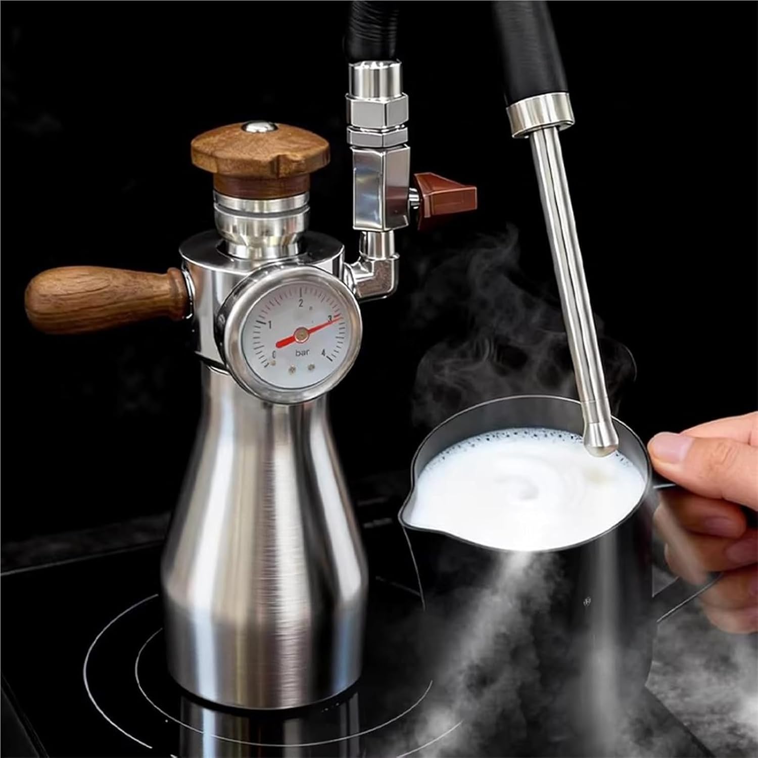 Professional Milk Frother & Steamer for Coffee, 300ml Large Water Tank, High-Pressure Gauge, Ideal for Induction/Open Flame Heating, Perfect for Lattes & Cappuccinos