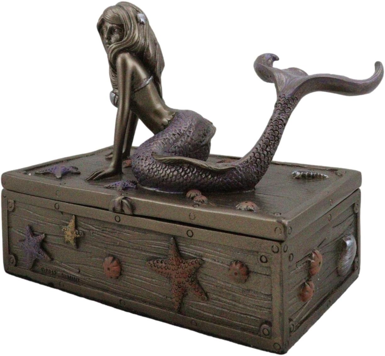 Ebros Gift Bronzed Resin Damsel Mermaid Ariel Resting On Starfish Corals Treasure Chest Decorative Jewelry Box Figurine 5" L Coastal Reef Marine Decoration Trinket
