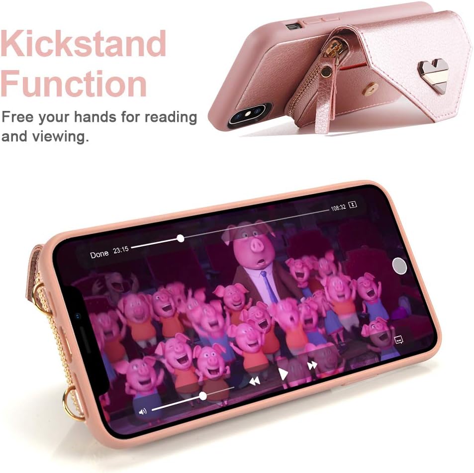 iPhone Xs Max Wallet Case, iPhone Xs Max Crossbody Case with Zipper Card Slot Holder Wrist Strap Shoulder Chain Protective Cover for iPhone Xs Max 6.5 inch - Rose Gold