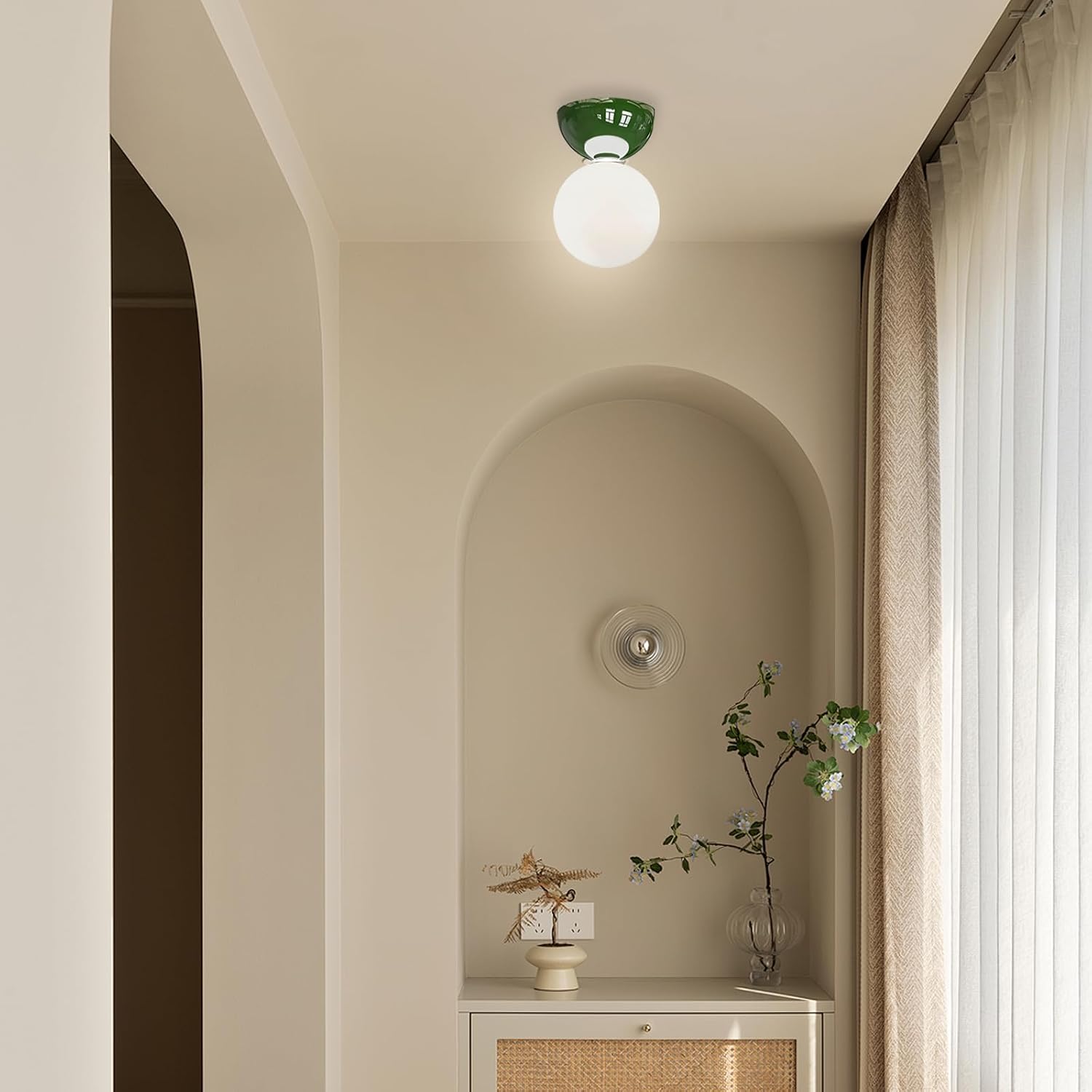 Modern Flush Mount Glass Ceiling Light or Wall Sconce Lamp, Metal & Glass Globe, G9 Small Lighting Fixture for Bedroom Bathroom Hallway (Green)