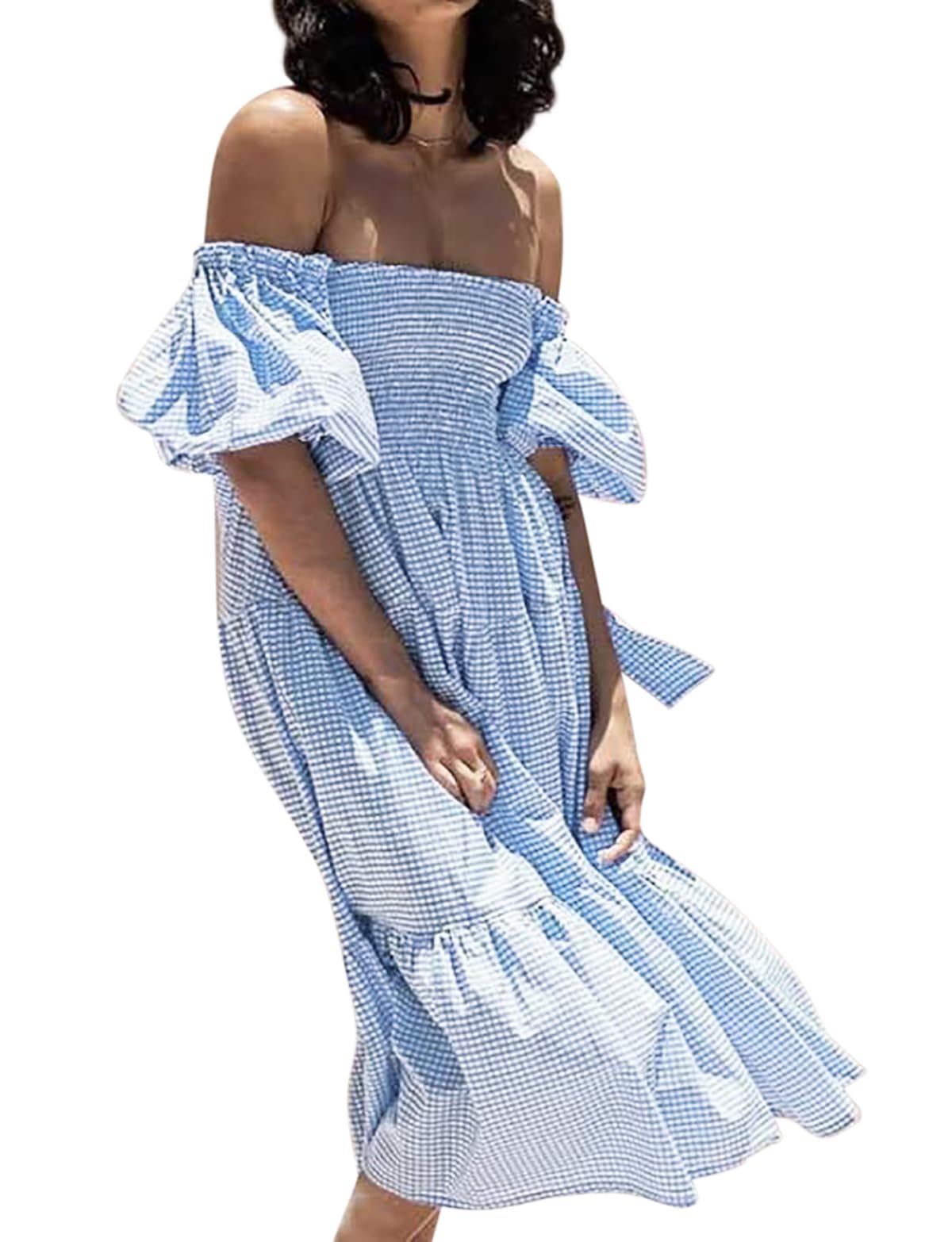 R.Vivimos Estate delle Donne Boho Manica Lunga Cravatta Vita Quadrata Collare Abito Midi con Volant Elegante Vestito Casual per Le Vacanze