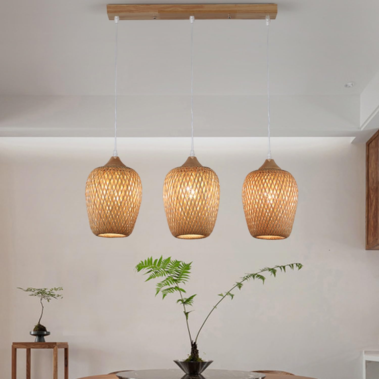 Lampada A Sospensione In Bambù Intrecciato Lampadario Artigianale Ellittica Sospensione Vintage Industriale E27 For Isola Cucina Sala Da Pranzo Soggiorno(3-flammig)