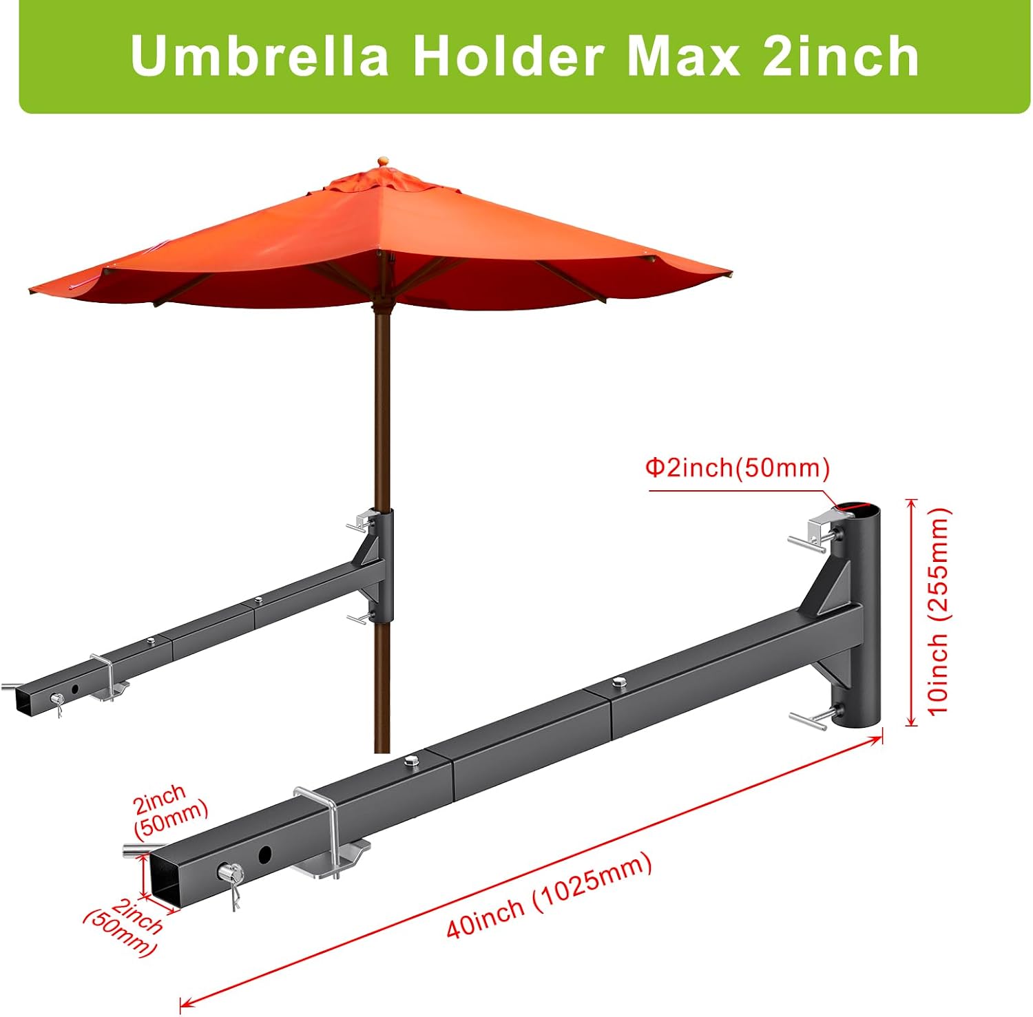 Dolibest 40'' Hitch Mount Umbrella Holder, Portable Hitch Umbrella Holder, Rust-Proof Outdoor Umbrella Stand for Road Trips, Tailgating, Beach & Camping - Fits 1" to 2" Poles, Easy to Assemblem -Black
