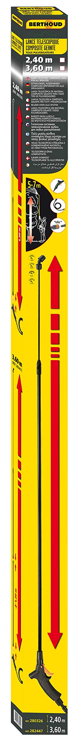 BERTHOUD - Lance Télescopique Composite Géante 3,60 M : Accessoire de Pulvérisateur, Idéal pour Traitement en Hauteur (Arbres, Toitures...), Résistant aux Substances Acides, Poignée Profile [282447]