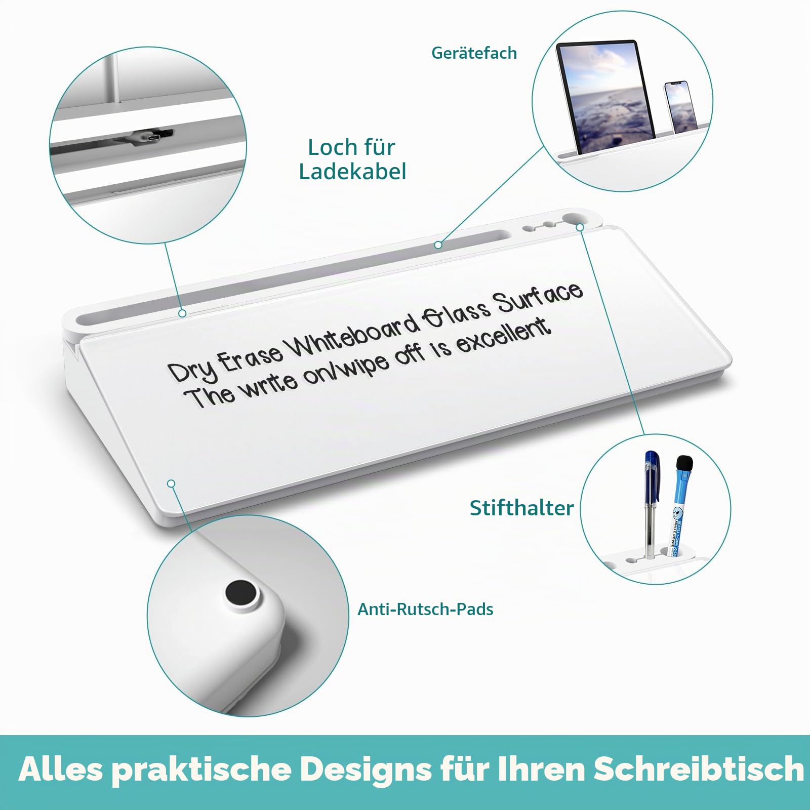 Glas Whiteboard Schreibtisch Organizer Staufach Weiß 40 x 18cm | Desk White Board Für kurze Notizen & Erinnerungen, Aufklappbares Fach mit Trennwand Organizer, Abwischbares inkl. 3 Marker