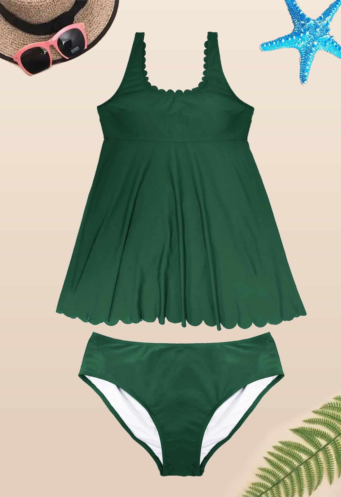 Rayson Tankini Maillot de Bain Femme Bord Festonné Col en U Maillot de Bain Jupette 2 Pieces avec Bas de Maillot Grande Taille Rembourré Push Up Tankinis Ensemble