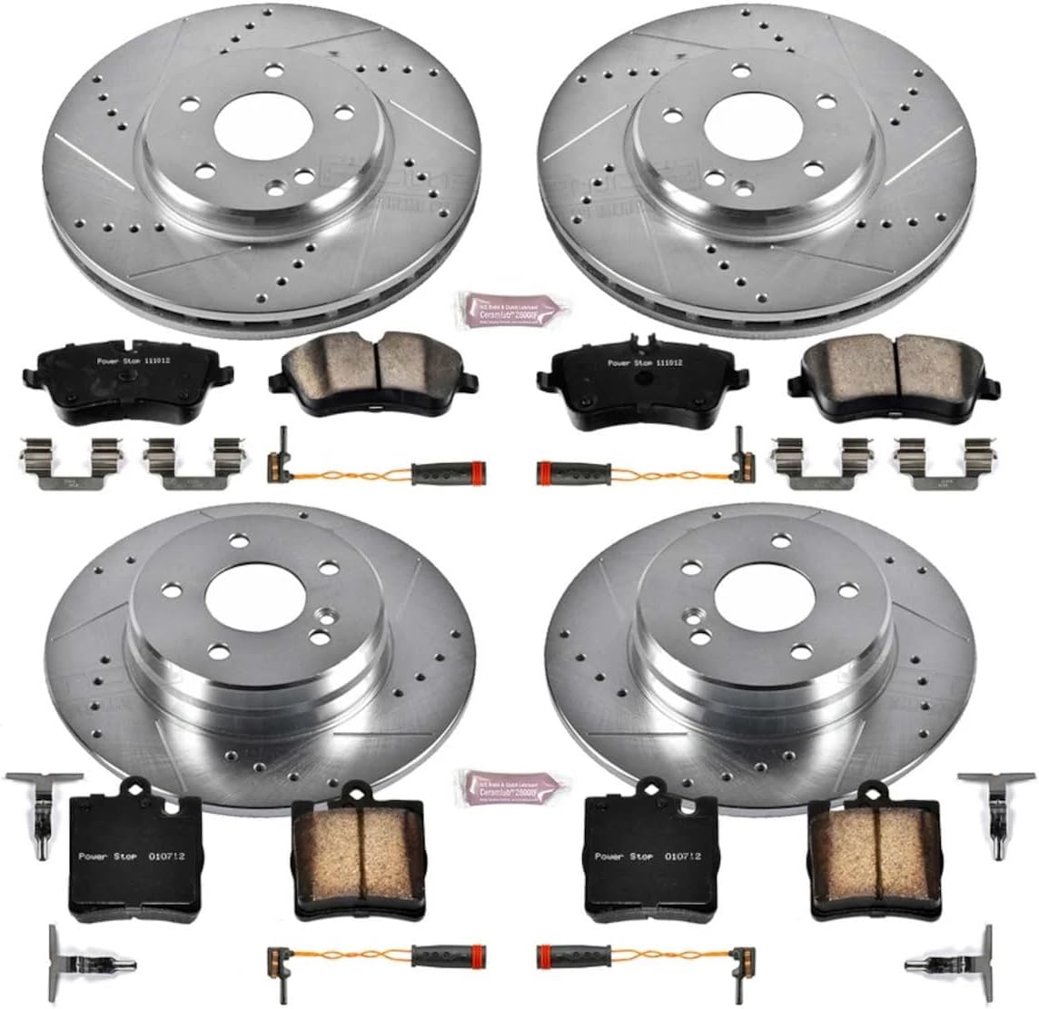 Power Stop K2783 Front and Rear Z23 Carbon Fiber Brake Pads with Drilled & Slotted Brake Rotors Kit and 1 Front & 1 Rear Sensor Wires For C, C240, C280, C320, C350, CLK320, CLK350 [Model Specific]