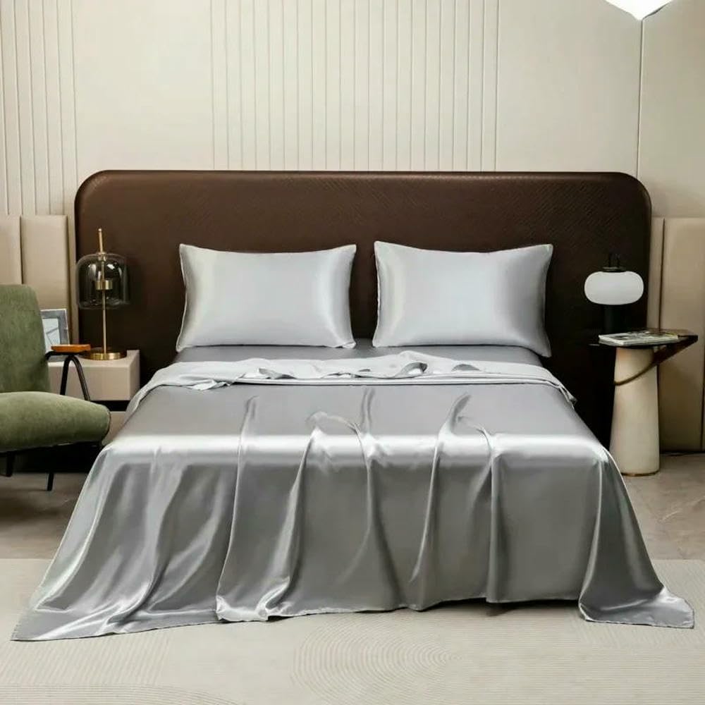 Sábana Plana de Seda Helada de Lujo Negra de 2/3 Piezas con Funda de Almohada, Juegos de sábanas Suaves de Alta Gama, sábanas Lavables a Prueba de Polvo