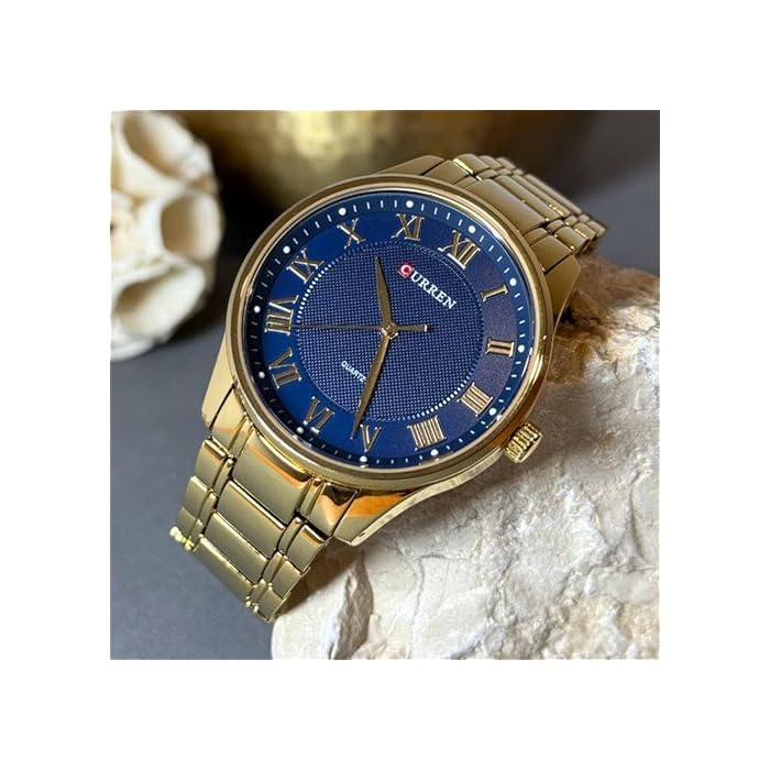 CURREN 8409. Reloj de Cuarzo clásico de Caballero con Correa de Acero Inoxidable Dorado y Esfera Azul con números Romanos - Imagen 5