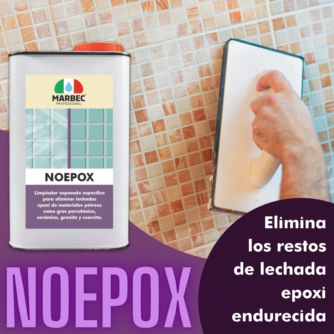 MARBEC NOEPOX 1LT + TAMPÓN NEGRO Limpiador espeso específico para eliminar residuos y manchas de lechadas epoxi en gres, cerámicas, granitos y cuarcitas.