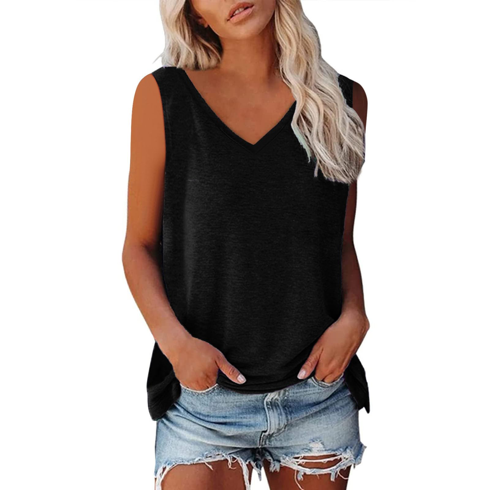 NUSGEAR Camisetas sin Manga Mujer 2024 Verano Moda Color sólido Camisola Elegant Camisola Casual Camisetas de Tirantes Cuello en V Fiesta Playa Chaleco Tank Tops Suelto Basic tee Camisa
