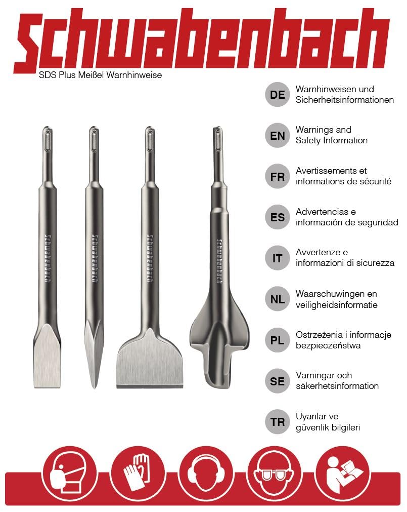 SCHWABENBACH® SDS Plus Lot de 3 burins 250 mm – Ciseau à carrelage 40 mm tête extra longue, burin plat 25 mm, burin pointu – SDS Burin pour marteau perforateur