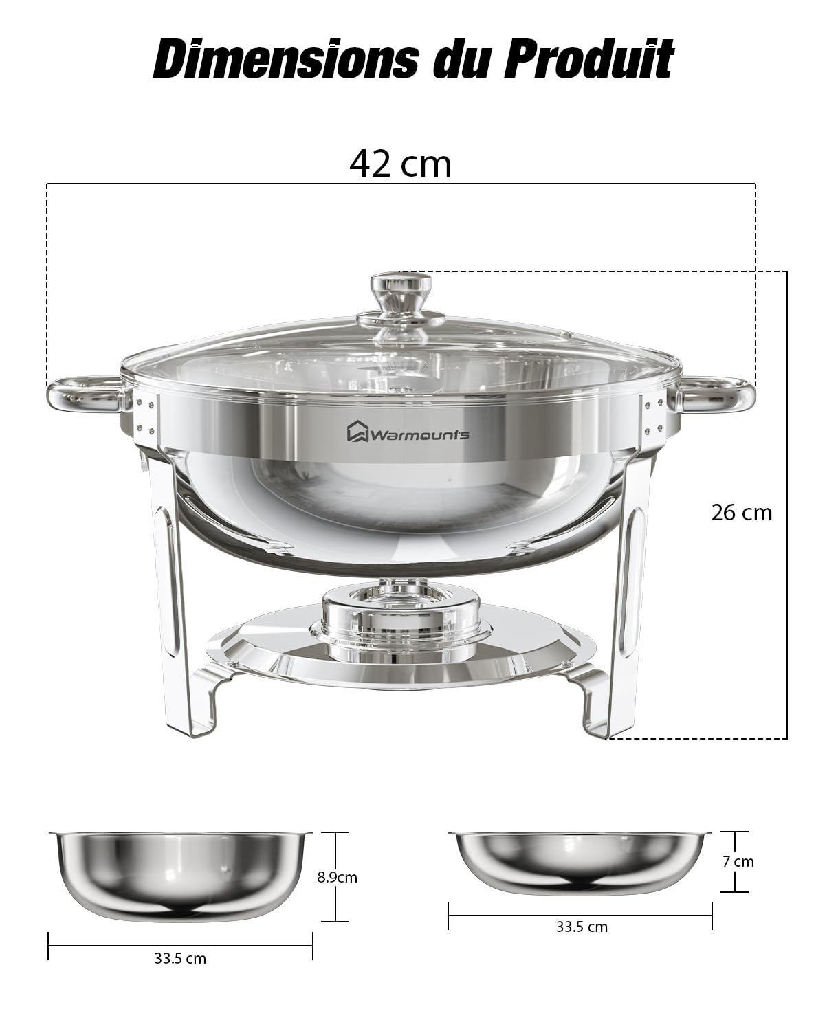 WARMOUNTS Lot de 4 Chafing Dish 5 L, Ronds Réchaud à Buffet avec Couvercle en Verre, Buffets Chauffants en Acier Inoxydable Idéal pour Fêtes, Événements, Mariages, Dîners, Noël et Camping