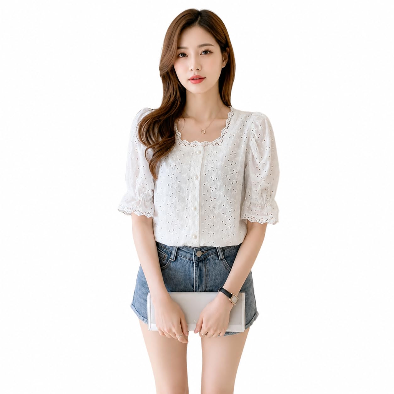 muhib JC JUMMY Couture Women's White Cotton Eyelet Embroidered Blouse, Puff Sleeve, Lace Trim, Square Neck, Button-Front Top-picture-36