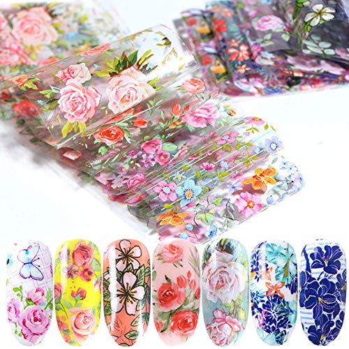 10 Sheets Flower Nail Art Stickers Transfer Nail Foil Retro Small Floral Flower Rose Pattern Nail Decals Transfer Foil Box Nail Foil Design Manicure Tips Wraps Nail Art Supplies