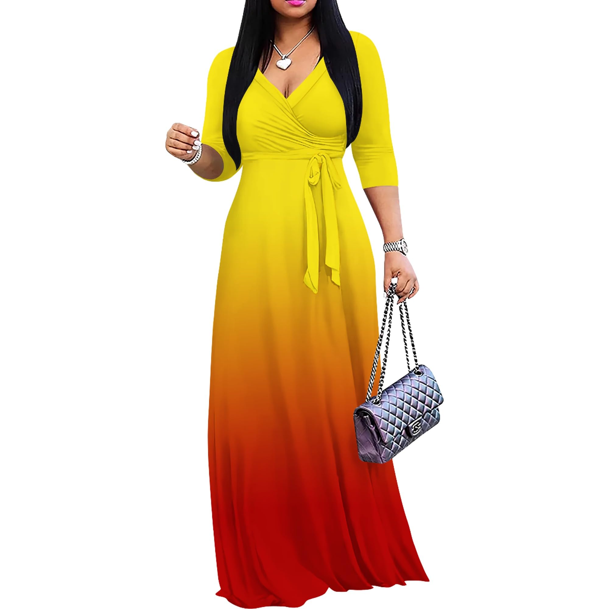 PinkPatty Women's Plus Size Maxi Dresses Casual Flowy 3/4 Sleeves Dress Printed Vacation Dress for Daily Wear with Belt
