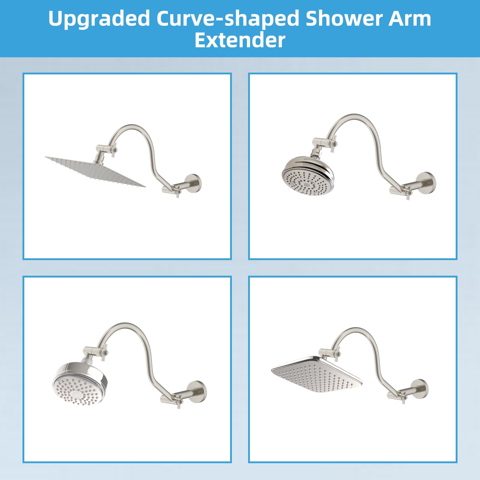 Hibbent Bras de douche entièrement en métal, bras d'extension de pommeau de douche de 45,7 cm, laiton massif, flexible en hauteur et angle réglables, avec joints de verrouillage, nickel brossé