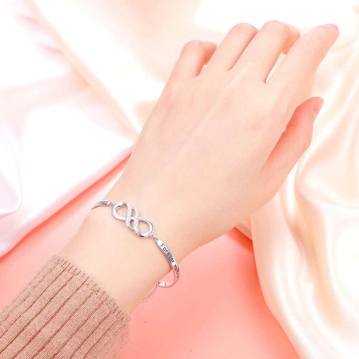925 Sterling Silver Infinity Bangle Bracelet With Inspirational Message, Adjustable Sisters Bracelets Friendship Jewelry for Women Girls Love Gifts for Mother Daughter Wife - Image 2