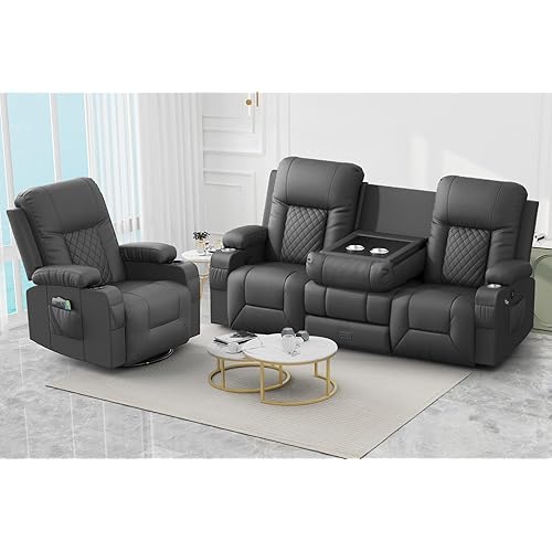 Recliner Sofa Set with 3+1 Pieces in Living Room, 3 Seater Reclining Sofa with Flip Back Console, 1 Recliner Chair with 360 Degree Swivel Single Sofa Seat