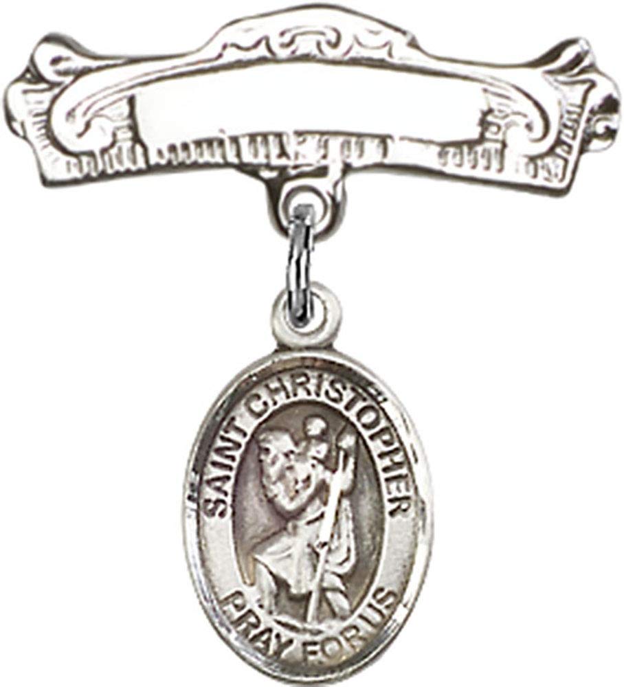 Jewels Obsession Baby Badge with St. Christopher Charm and Arched Polished Badge Pin | Sterling Silver Baby Badge with St. Christopher Charm and Arched Polished Badge Pin - Made In USA