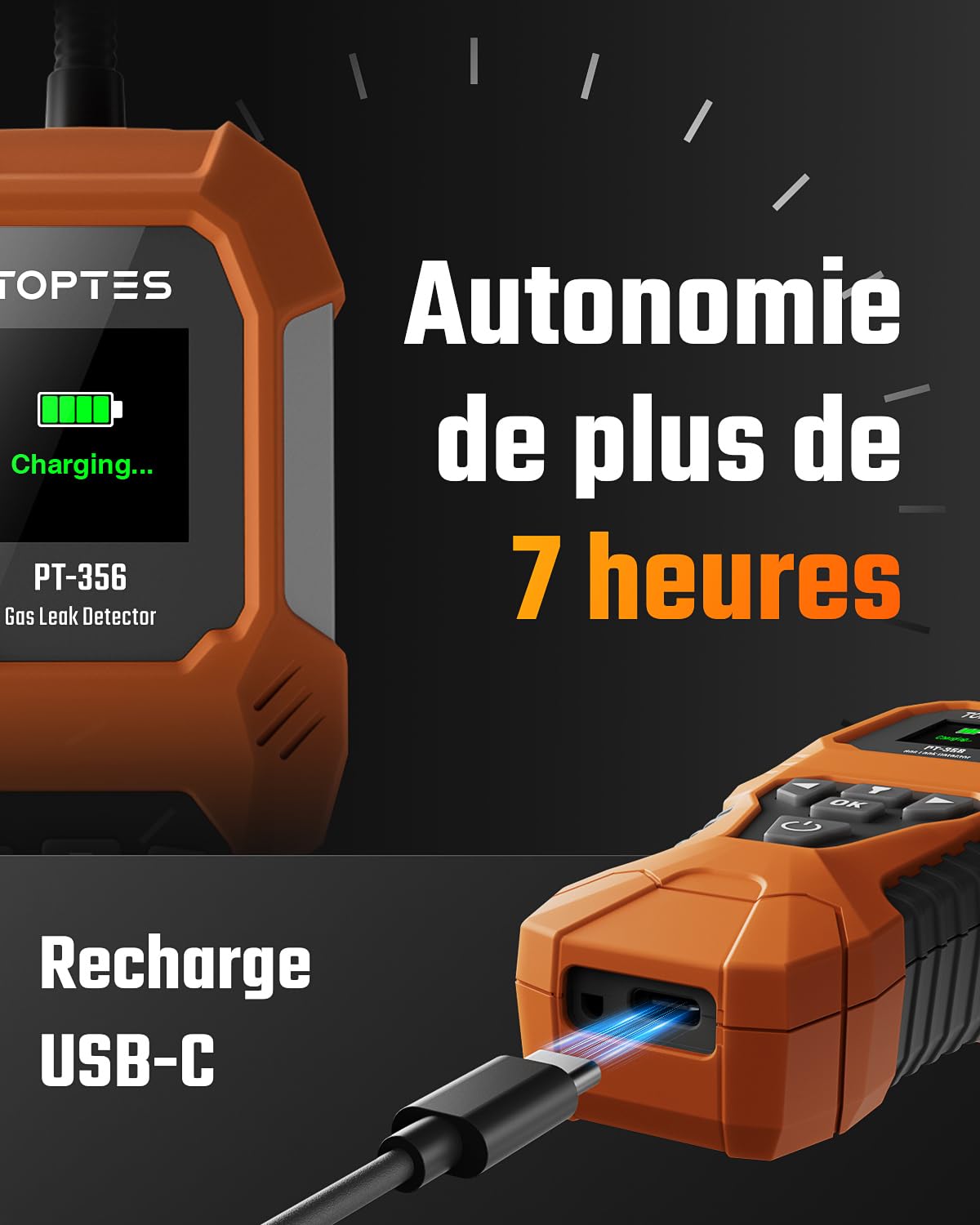 TopTes PT-356 Détecteur de gaz Rechargeable avec col de Cygne de 25 cm, Plage 0-20% LEL, système d’Alarme Triple, détecteur de Fuite de gaz à Double Affichage pour méthane, Butane, Propane