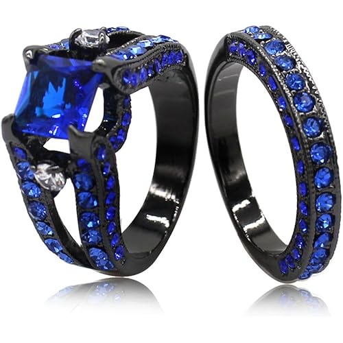 Black Blue Princess Cut Cubic Zirconia Wedding Ring Set