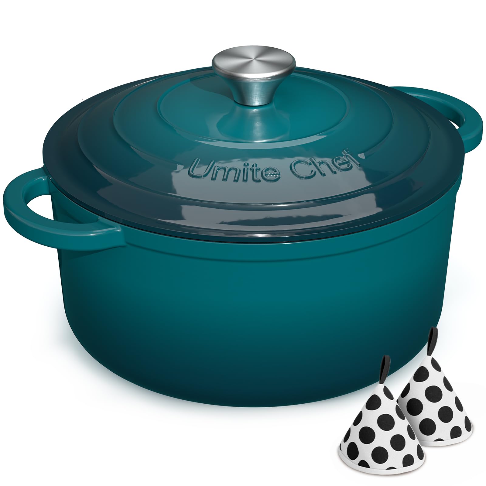 Umite Chef 7QT Enameled Cast Iron Dutch Oven with Lid & Cotton Potholders–Heavy-Duty Cookware for Bread Baking, Braising, Stews, Marinate, Cook(Emerald)
