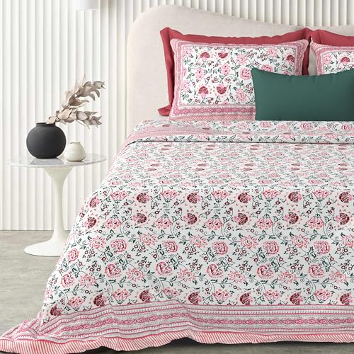 Image of Urban Jaipur 100% Cotton Bedsheet for Double Bed (90 x 108 Inches) | 210 TC King Size Bed Sheet for Double Bed with 2 Pillow Covers | Pure Cotton Jaipuri Bedsheet (Pink)