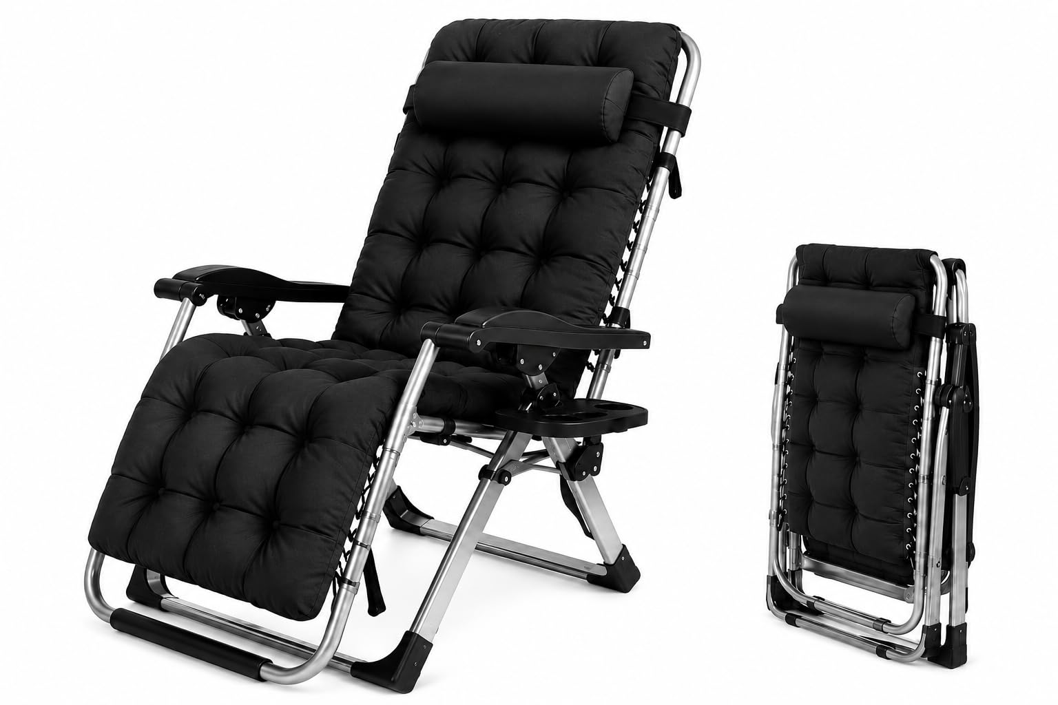 Silla Gravedad Cero Reclinable Plegable con Bloqueo Metálico Reforzado, Tumbona Jardín Exterior Acolchada con Reposacabezas Ajustable y Portavasos, para Terraza, Piscina, Playa y Camping (Negro)
