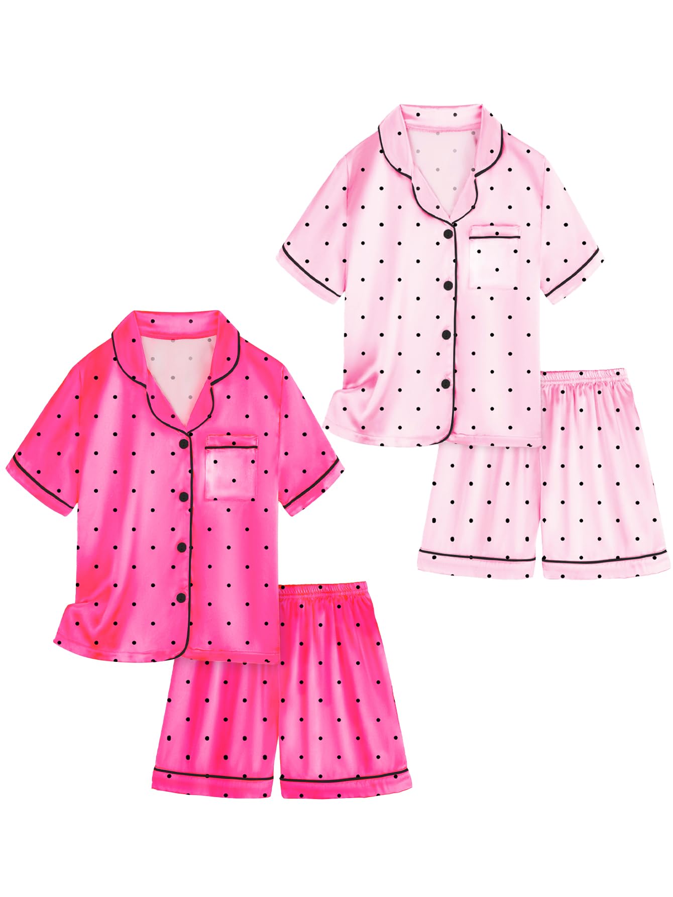 Vopawetty Satin Pajamas for Girls, 4-Piece Short Sleeve Button Down Silky PJ Set