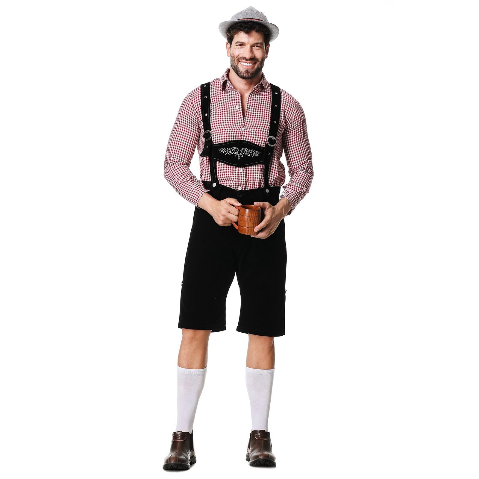 Lederhose Herren Oktoberfest Set, Lederhosen Herren Tracht, Traditionelle Kniebundhose Lang+ Trachtenhemd Männer Trachtenhose M.träger Kariertes Deutsches Bayerisches Oktoberfest-Kostüm Set Für Herren